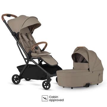 Beige stroller with matching carrycot on a white background