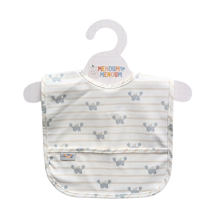 A baby bib with a front pocket, featuring a white and light gray striped pattern with small blue-gray crab print. It is displayed on a white hanger with the brand name 'MENOUM' visible on the hanger hook.