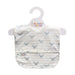 A baby bib with a front pocket, featuring a white and light gray striped pattern with small blue-gray crab print. It is displayed on a white hanger with the brand name 'MENOUM' visible on the hanger hook.