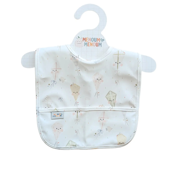 A white baby bib with a cute, minimalist cartoon print of kites, hanging on a white hanger. The bib has a front pouch pocket 
