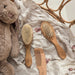 Three wooden hair care tools: a brush, a comb, and a wide-toothed styling brush in a lifestyle setting