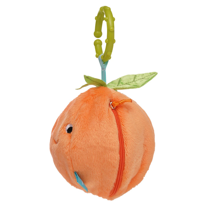 Plush peach toy with a green stem on a white background
