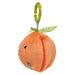 Plush peach toy with a green stem on a white background