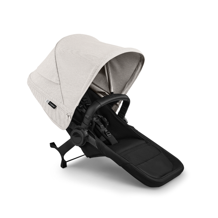 Baby stroller sibling seat with beige canopy and black seat on a white background