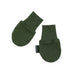 Pair of green baby mittens with a visible brand label on a white background
