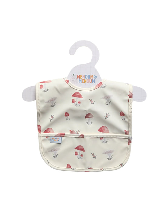 Baby bib with mushroom pattern on a hanger against a white background