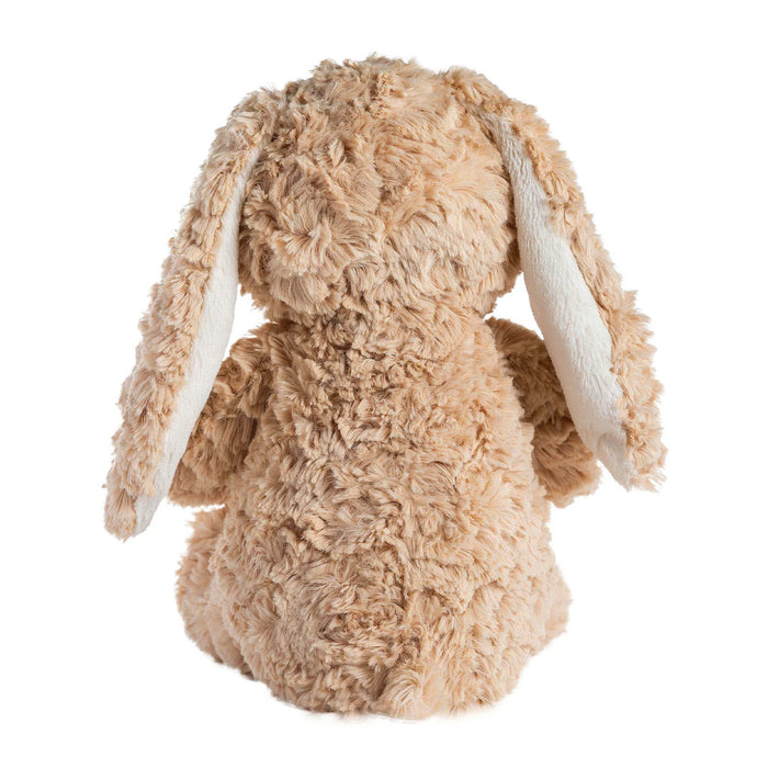 Plush toy rabbit with beige fur and white ears on a white background