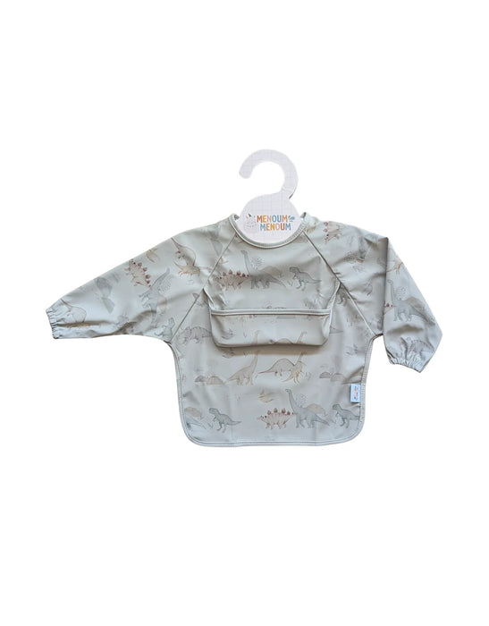 Baby bib with long sleeves and front pocket on a hanger against a white background