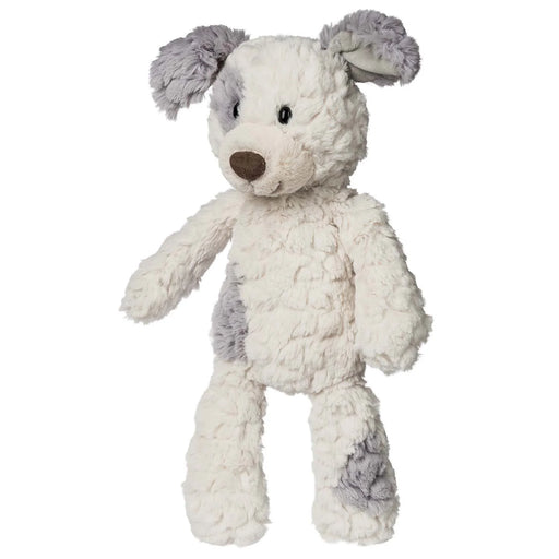 grey and white stuffed animal dog with brown nose on white background