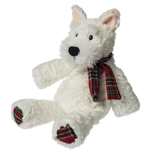 White plush dog toy with plaid accents on a white background
