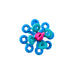 Colorful flower-shaped toy with blue, green, and pink loops on a white background