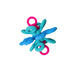 Teal and pink baby teething toy on a white background