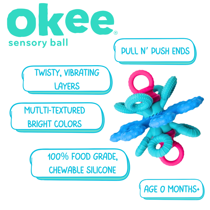 Okee sensory ball with features listed on a white background