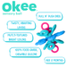 Okee sensory ball with features listed on a white background