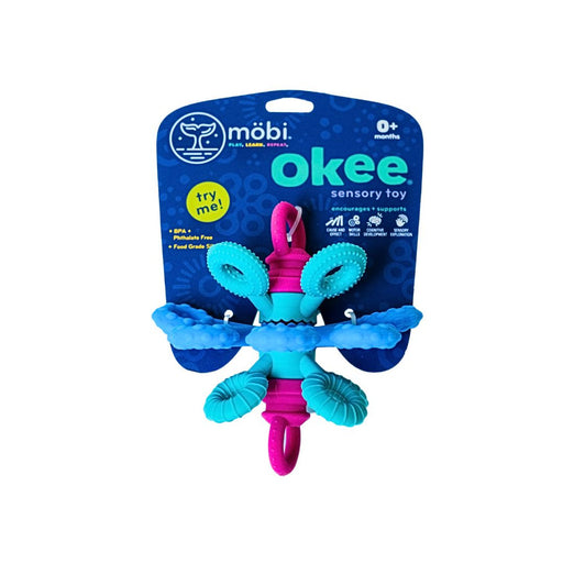 Mobi Okee sensory toy with blue and pink design on a white background