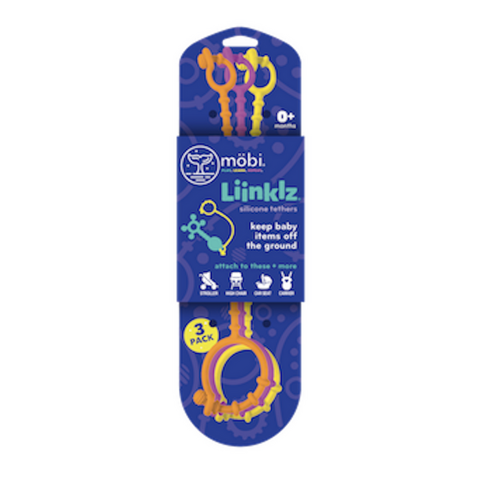 Packaging of mobi Liinklz silicone tethers with purple background