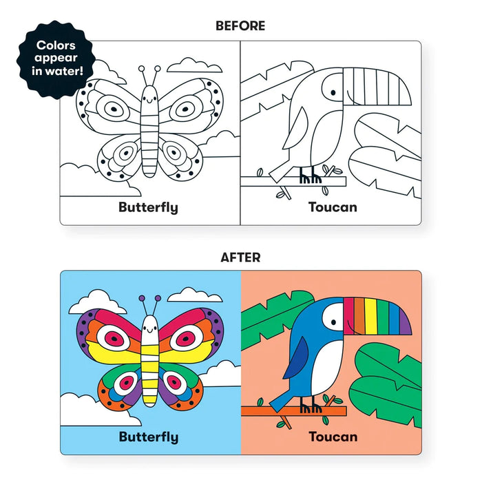 caption-Children's Bath Toy Book changes colours - shown initially as black and white butterfly and toucan 