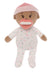 Stuffed toy baby doll with a pink hat and floral outfit on a white background
