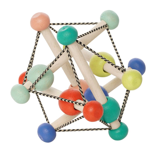 Colorful geometric wooden baby toy with interlocking spheres on a white background