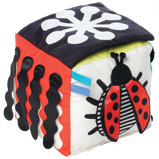 Colorful cube toy with ladybug design on a white background