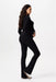 Woman wearing a black outfit accentuating her pregnant sihouette on a white background