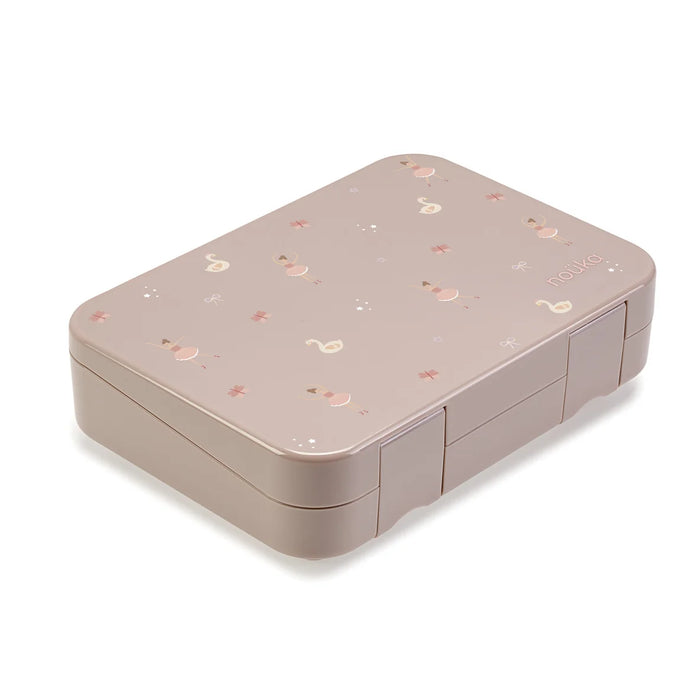 A rectangular bento lunch box with a dusty pink lid decorated with small ballerina and swan shapes, shown on a clean white background.