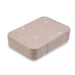 A rectangular bento lunch box with a dusty pink lid decorated with small ballerina and swan shapes, shown on a clean white background.