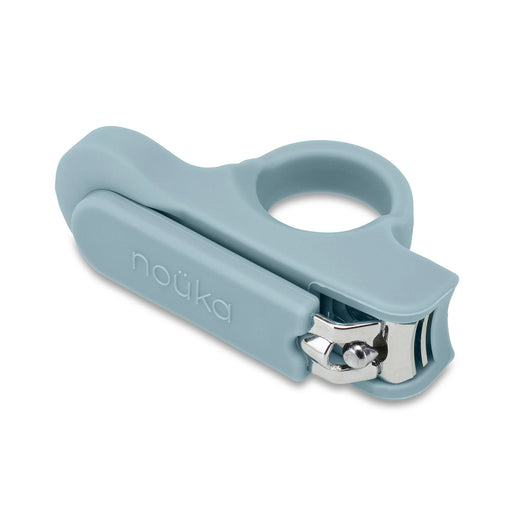 A pair of baby nail clippers with a blue safety grip and easy-grip ring handle.