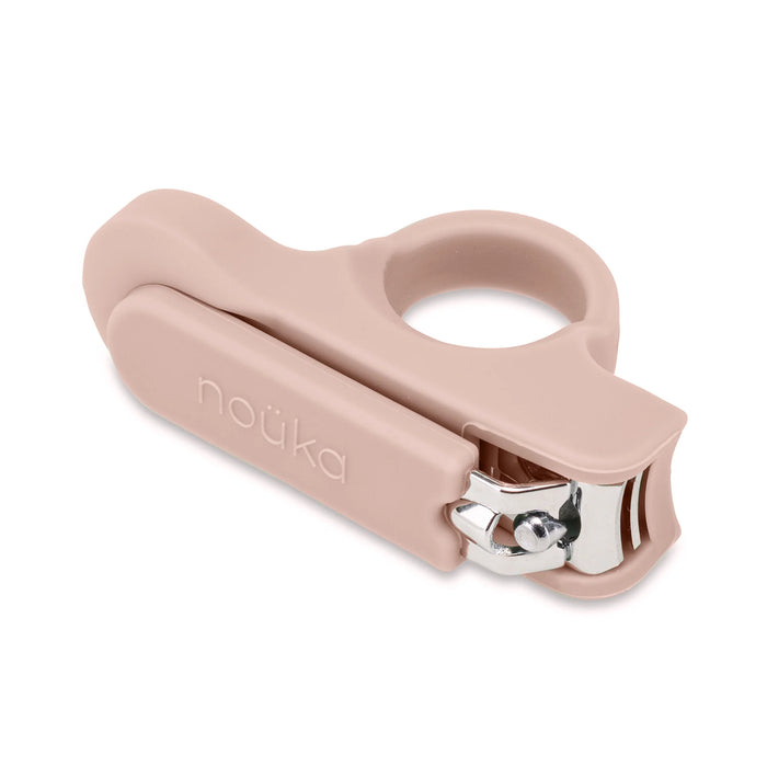A pair of baby nail clippers with a pink safety grip and easy-grip ring handle.