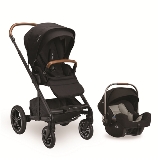 Black Nuna Mixx stroller and Pipa car seat set on a white background