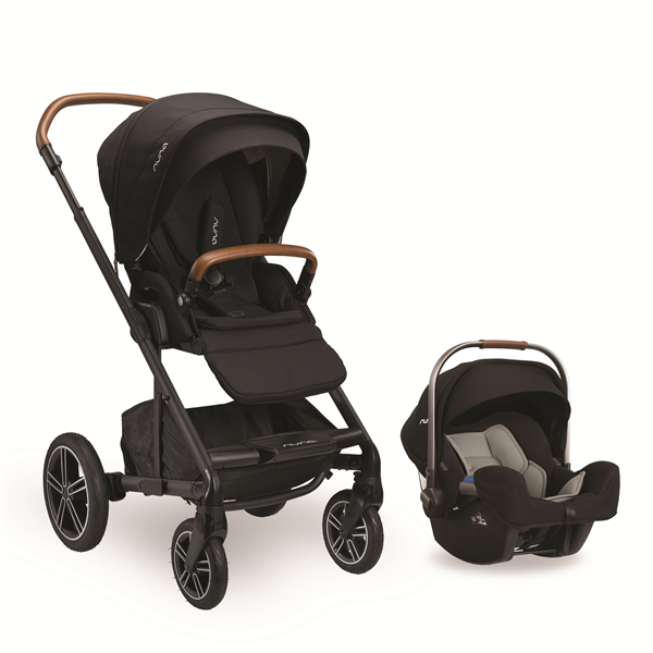 Black Nuna Mixx stroller and Pipa car seat set on a white background