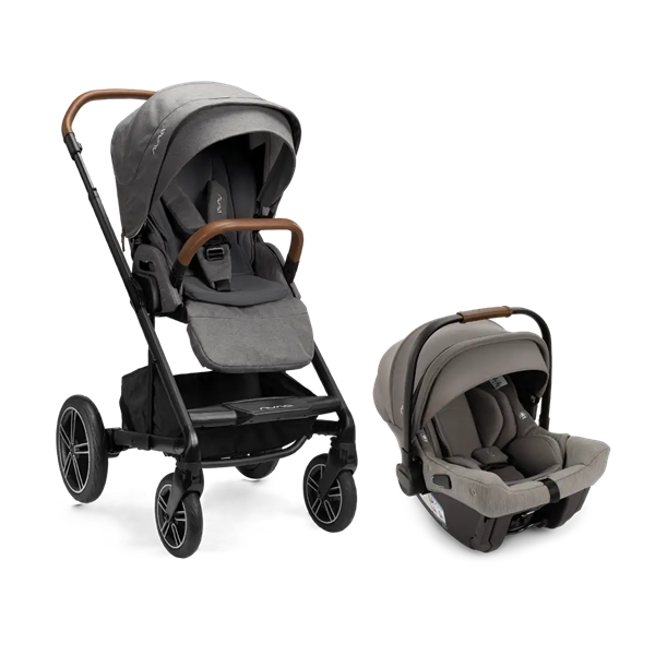Gray Nuna Mixx stroller and Nuna Pipa Urbn car seat set on a white background