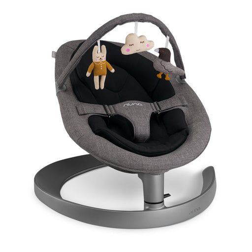 Gray baby swing with black seat and toys on a white background
