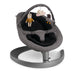 Gray baby swing with black seat and toys on a white background