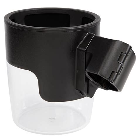 Clear cup holder for stroller with black adapter on a white background
