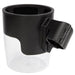 Clear cup holder for stroller with black adapter on a white background