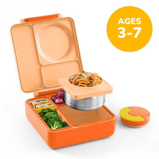 Orange bento box with compartments containing food, on a white background with 'Ages 3-7' label.