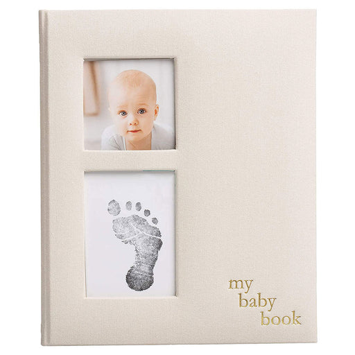 Linen Baby Book  with two photo slots and the words My Baby Book on front cover set against white background