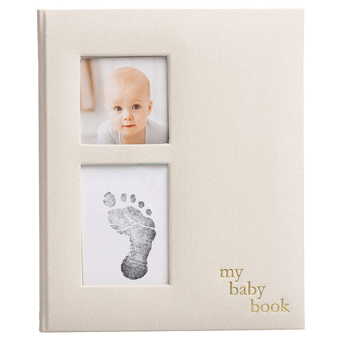 Linen Baby Book  with two photo slots and the words My Baby Book on front cover set against white background