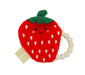 Strawberry-shaped teething ring with a green stem on a white background