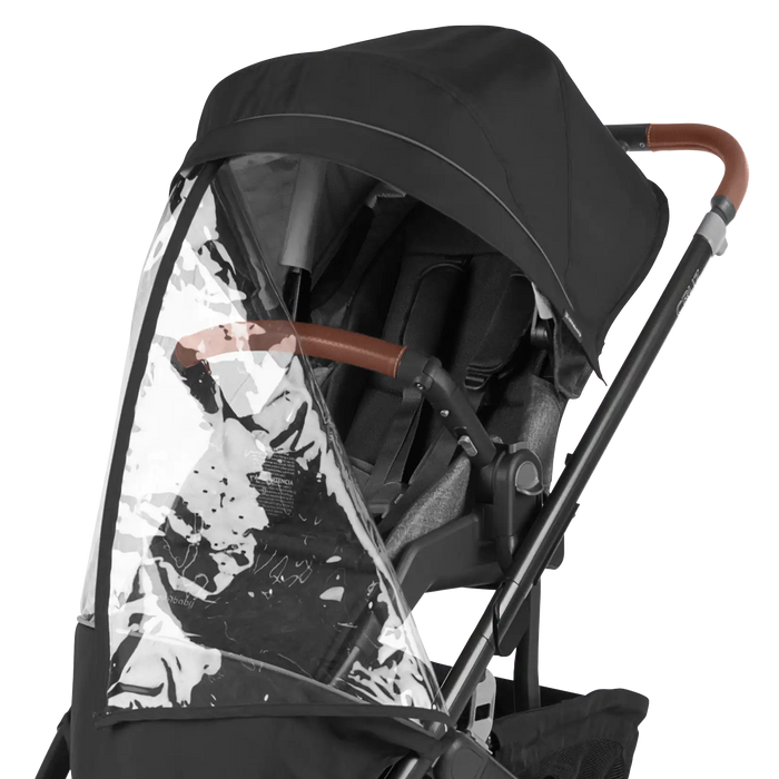 Black UPPAbaby stroller with a transparent rain cover  on a white background