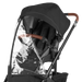 Black UPPAbaby stroller with a transparent rain cover  on a white background
