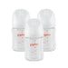 Three clear baby bottles with red 'Pigeon' branding on a white background