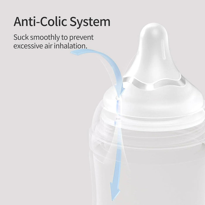 Bottle with anti-colic system feature on a light gray background