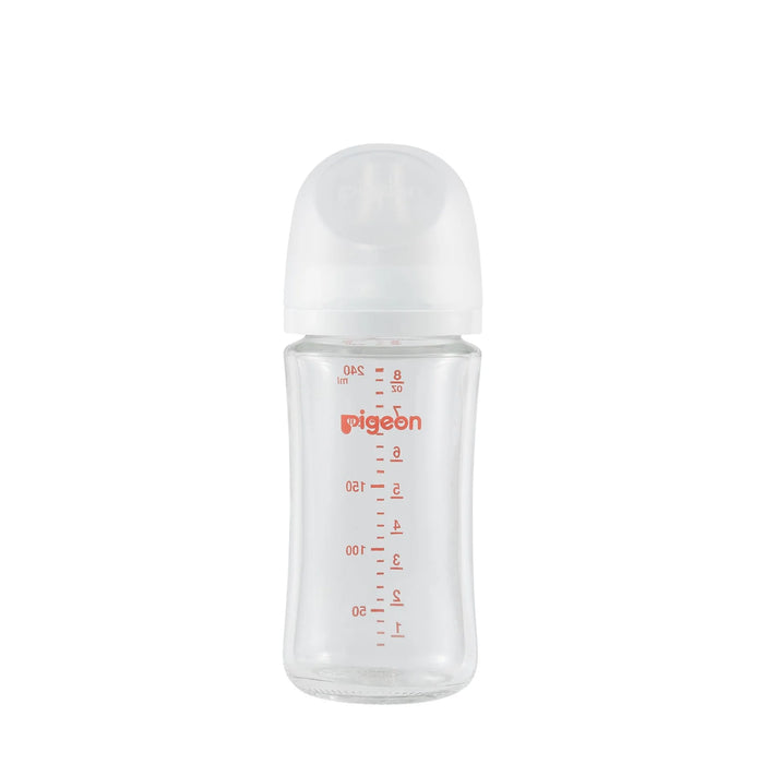 Pigeon glass baby bottle with white cap on a white background