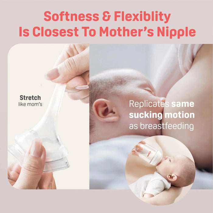 Product demonstration of softness and flexibility with a baby and bottle, emphasizing comfort and mimicry of breastfeeding.