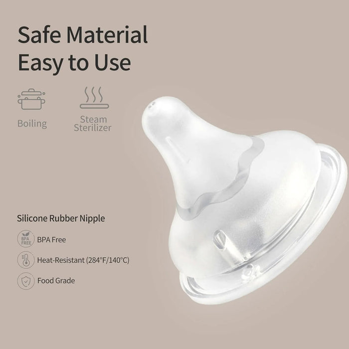 Silicone baby bottle nipple with text on safe material and ease of use on a beige background