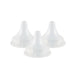 Three clear silicone baby bottle nipples on a white background