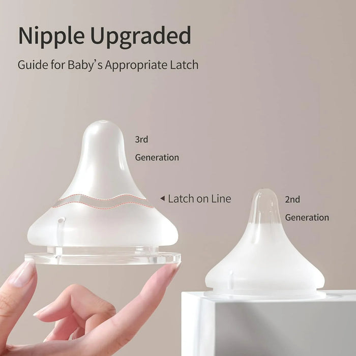 Two baby bottle nipples with text indicating 'Nipple Upgraded' and 'Guide for Baby's Appropriate Latch'.