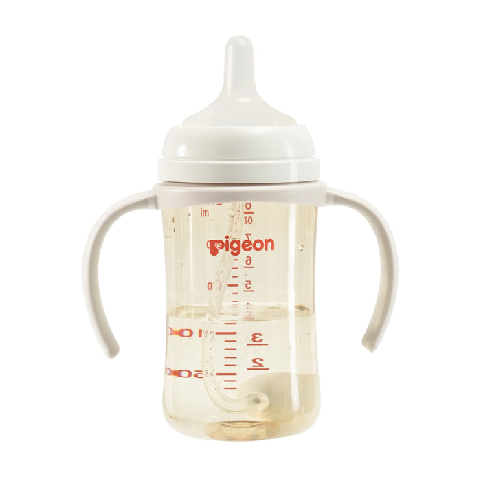 Pigeon baby bottle with white cap and handles on a white background